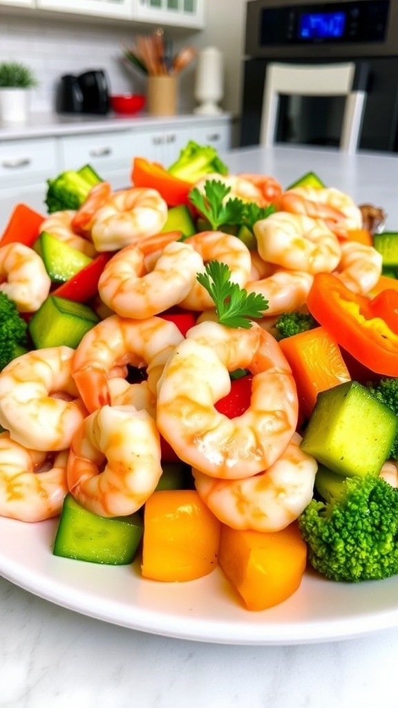Air Fryer Shrimp and Vegetable Medley Air fryer shrimp and vegetable medley with bell peppers, zucchini, and broccoli, garnished with parsley.